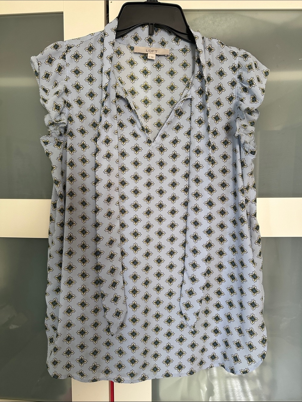 LOFT Light Blue Printed Tie-Neck Blouse